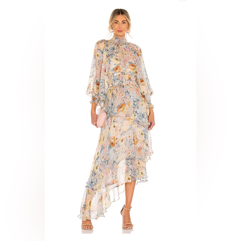 Elliatt Floral High-Low Ruffle Dress in Pastel Pink & Blue